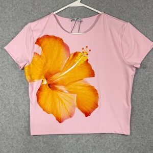 Zara Hibiscus Graphic T-Shirt Womens Large Pink Short Sleeve Tropical Slim Fit